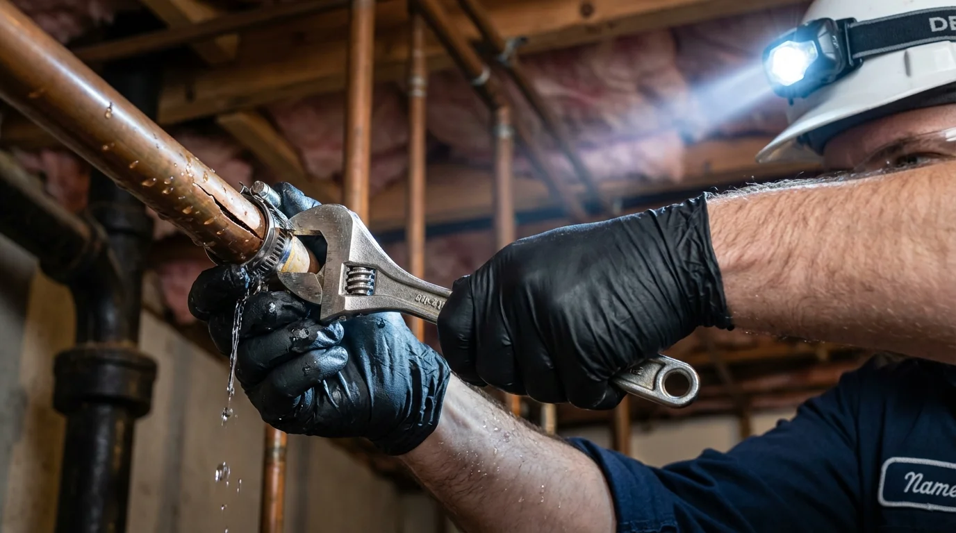 Emergency pipe clamp repair being performed by a Johns Plumbing LLC plumber in Steinhatchee