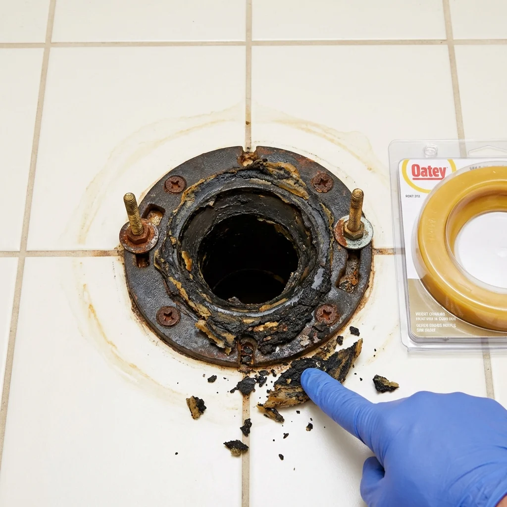 Failed wax ring showing water seepage at the base of a toilet in a Steinhatchee, FL home