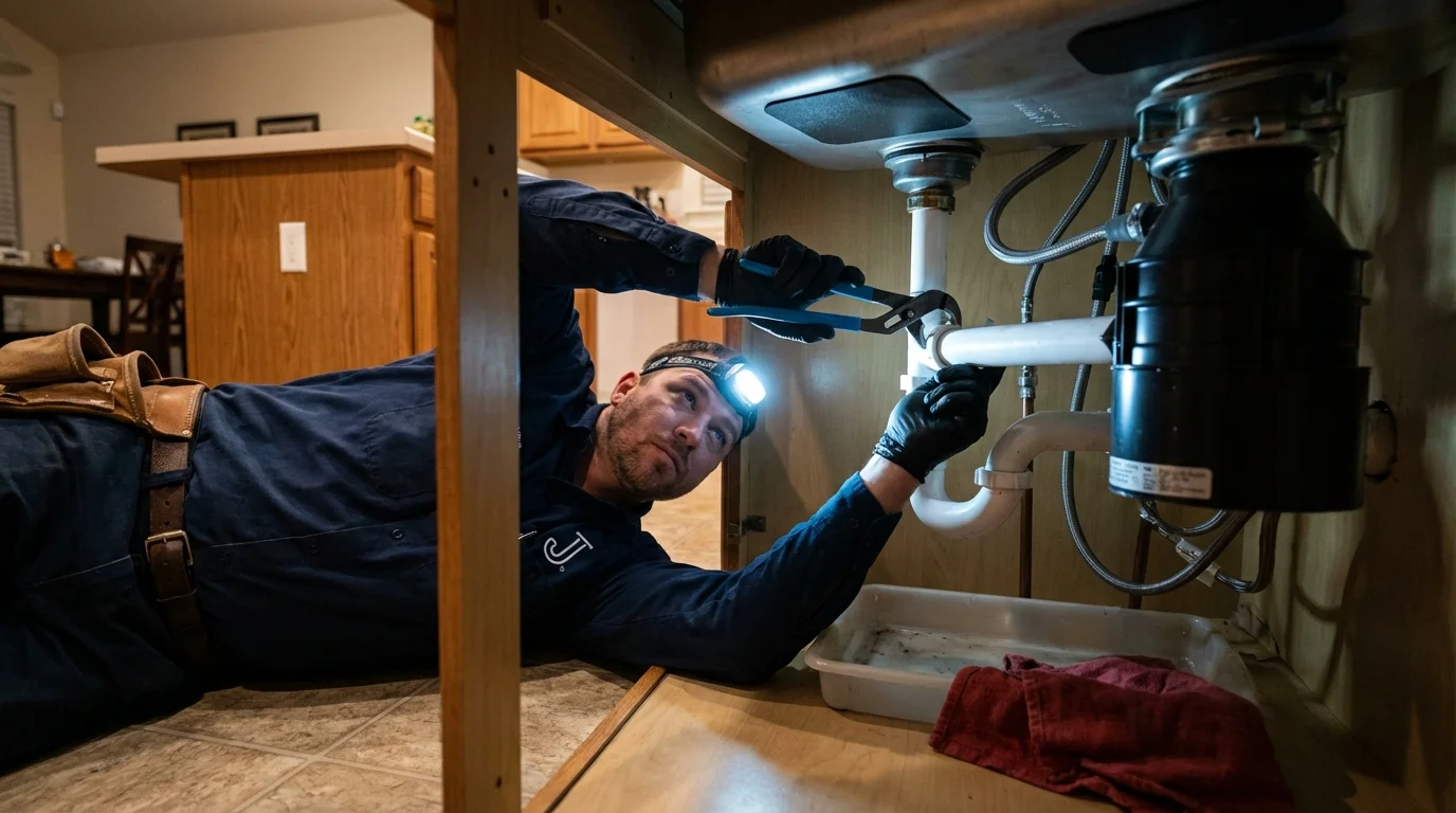 P-trap and supply line connections under a kitchen sink showing a common leak point in Steinhatchee, FL